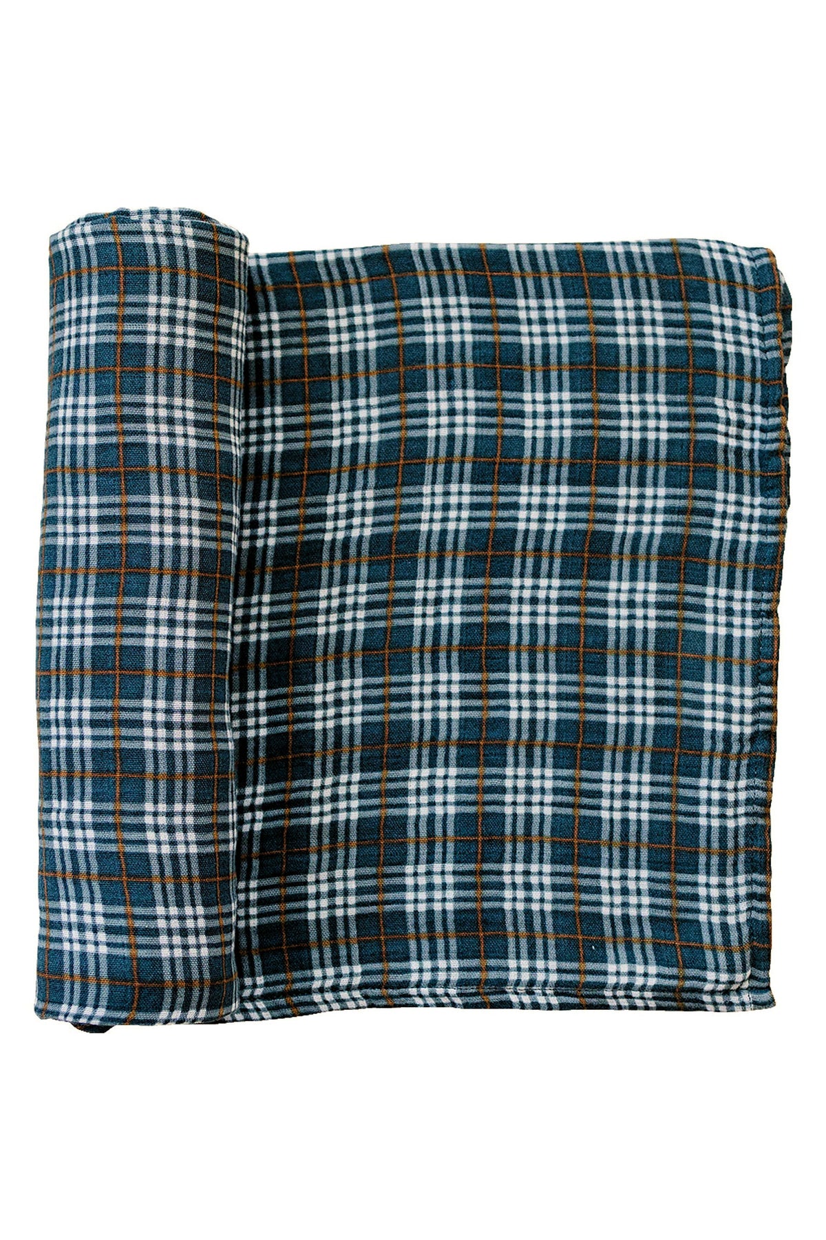 Navy plaid muslin swaddle blanket with white and brown lines, made of 100% cotton, rolled partially.