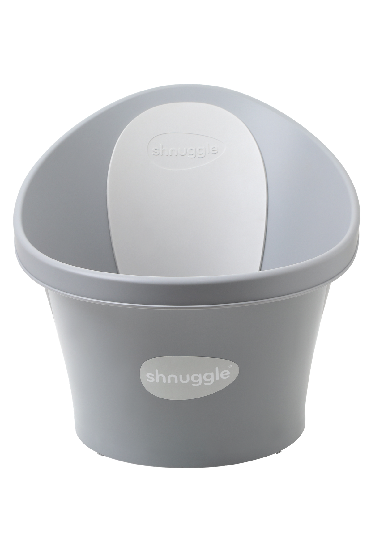 Gray Shnuggle baby bath with a white backrest and shnuggle logo, designed for newborns.