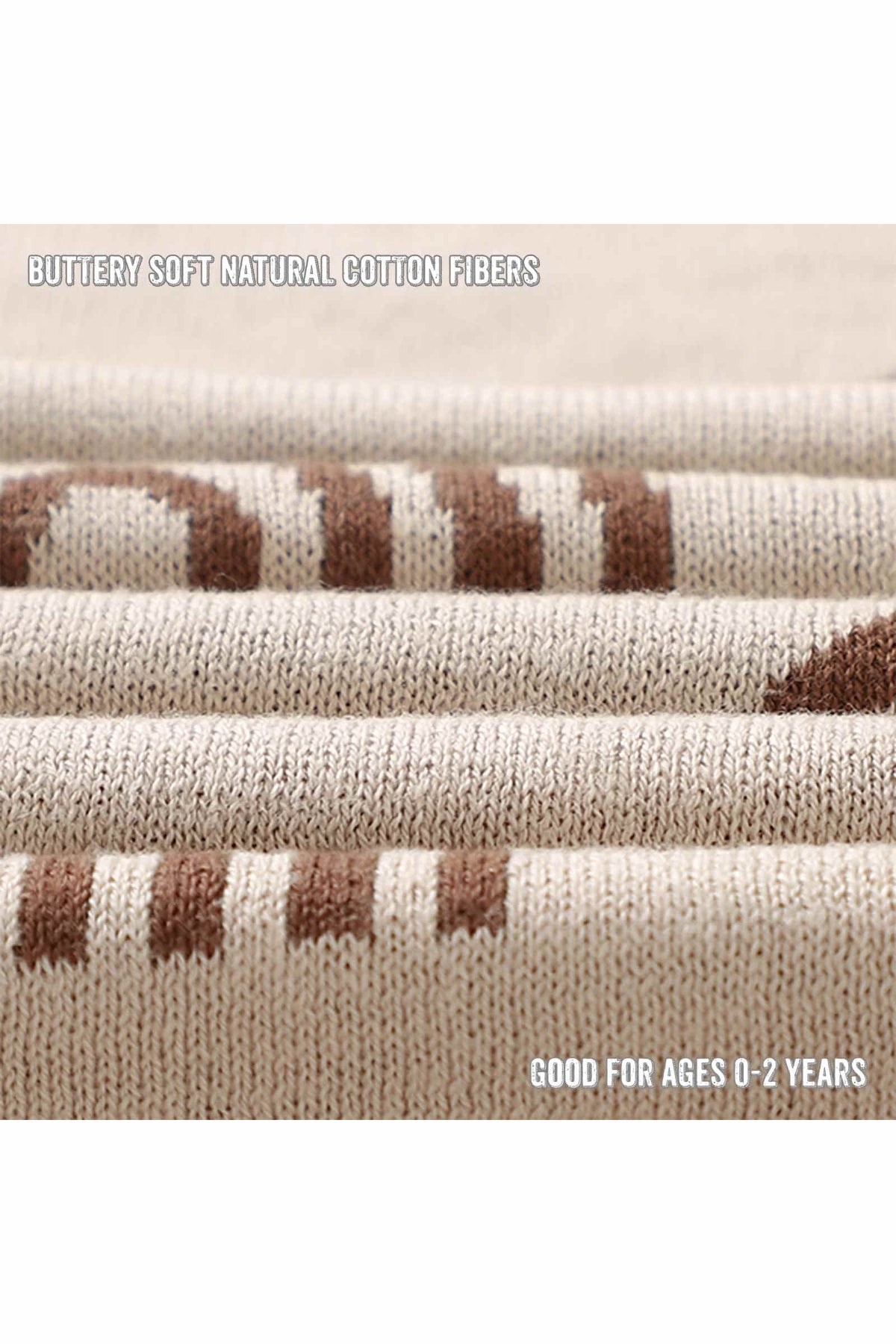 Close-up of a beige knit fabric with brown stripes, emphasizing its soft, natural cotton fibers. Suitable for ages 0-2.