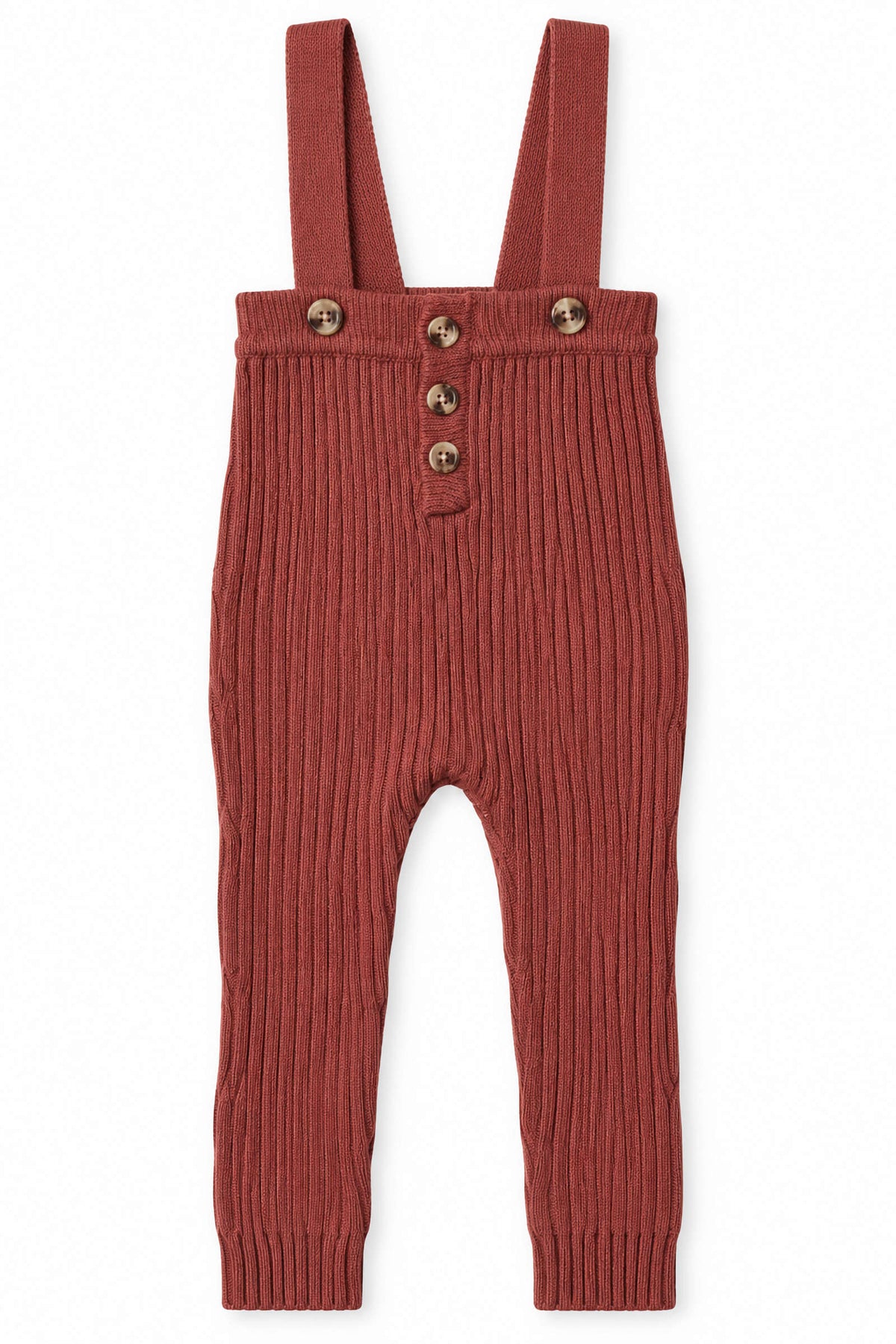 Soft ribbed knit overalls in a warm rosewood color, featuring adjustable straps and wooden buttons, ideal for babies and toddlers seeking comfort and style. Perfect for layering in cooler weather.