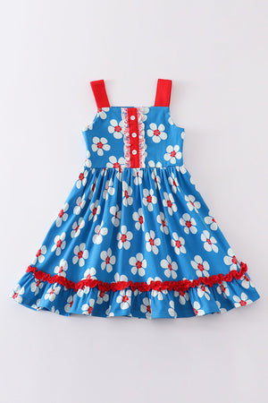 Bella's Blue & White Floral Ruffle Strap Summer Dress