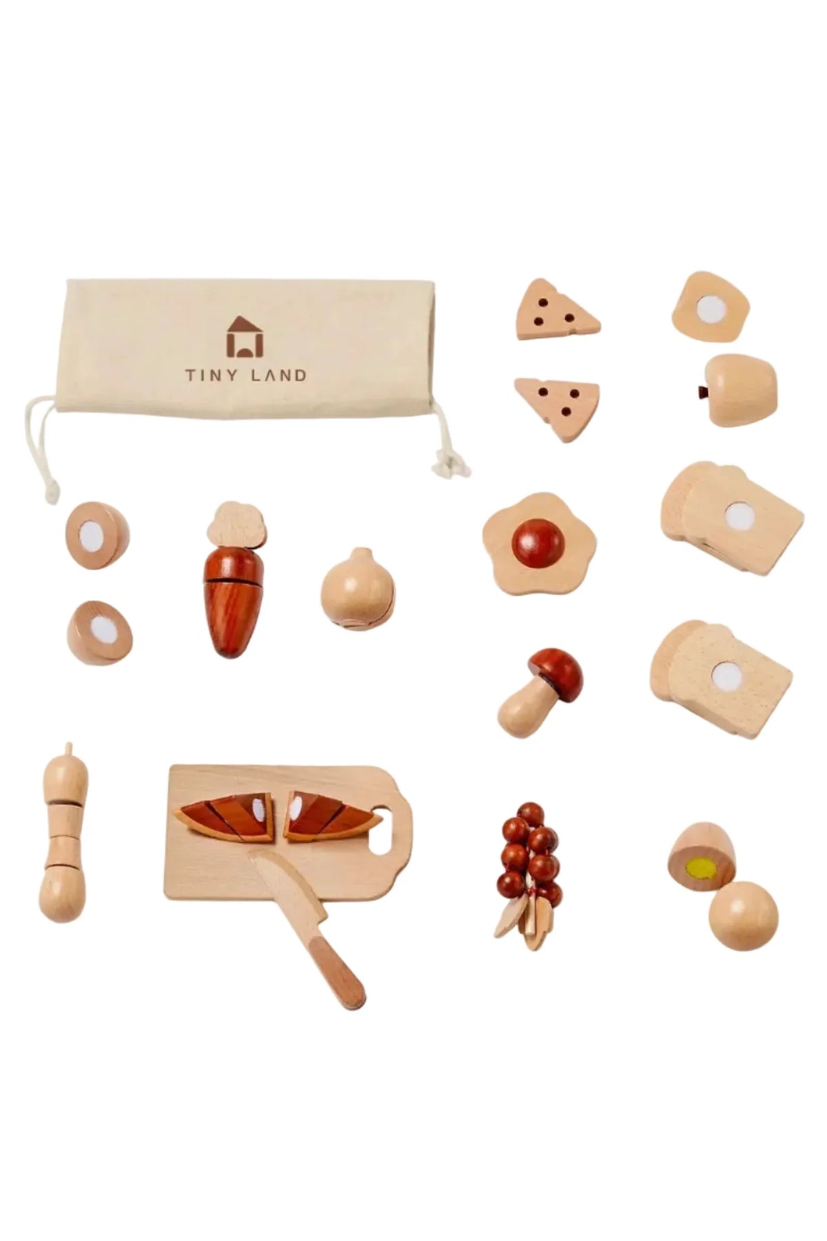 A variety of wooden play food pieces, including a carrot, mushroom, and cheese, arranged on a light background. The set is from Tiny Land, promoting imaginative kitchen play for children.