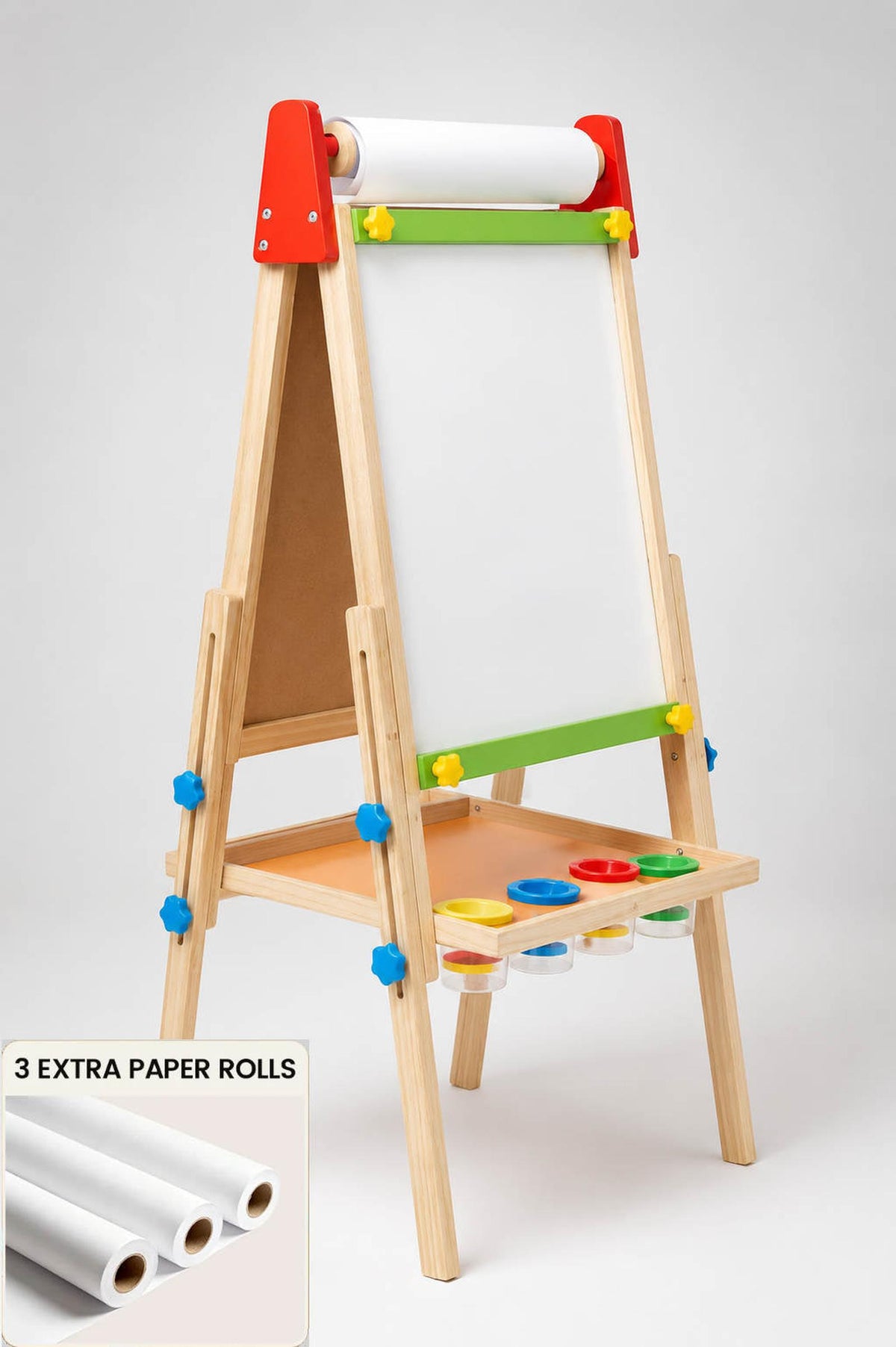Wooden 3-in-1 art easel featuring a chalkboard, magnetic whiteboard, and a roll of art paper, designed for kids with adjustable height and vibrant, eco-friendly colors. Includes three extra paper rolls.