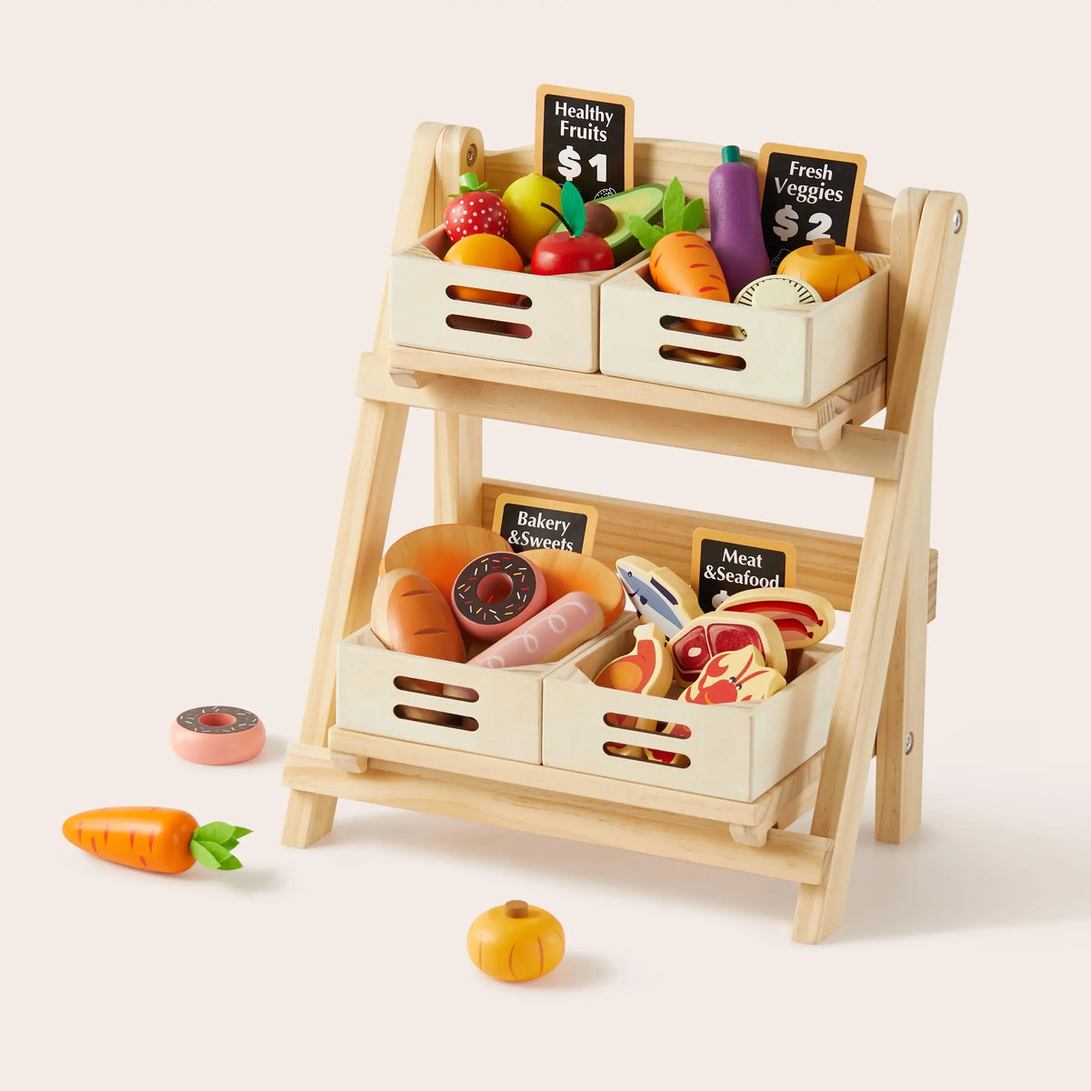 A wooden play food storage rack features two tiers of colorful, realistic play food, including fruits, vegetables, and baked goods, designed for imaginative play and child organization.