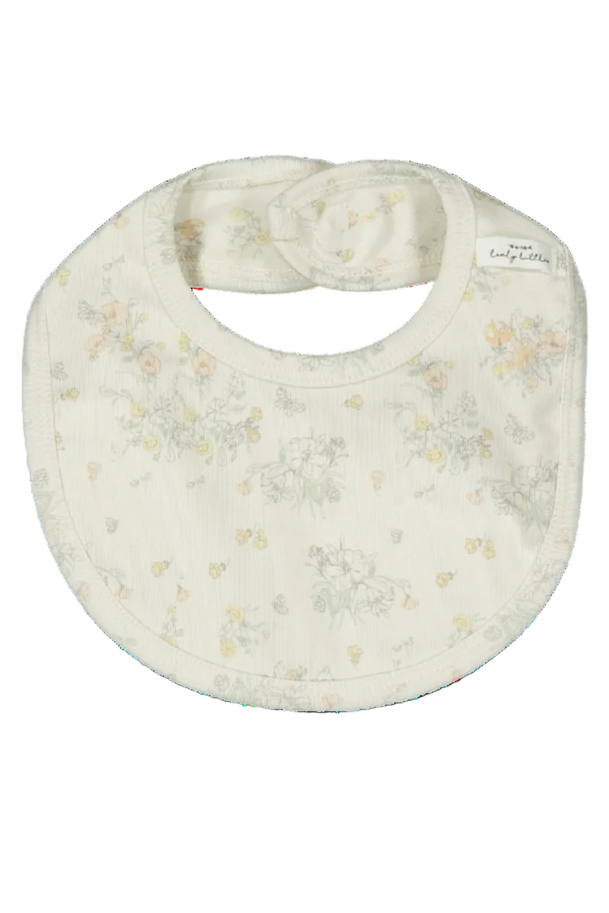 Cream-colored cotton bib featuring a delicate floral print in soft pastel shades. Designed for comfort and easy cleanup, it includes a secure velcro closure for little ones.