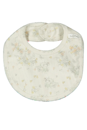 Cream-colored cotton bib featuring a delicate floral print in soft pastel shades. Designed for comfort and easy cleanup, it includes a secure velcro closure for little ones.
