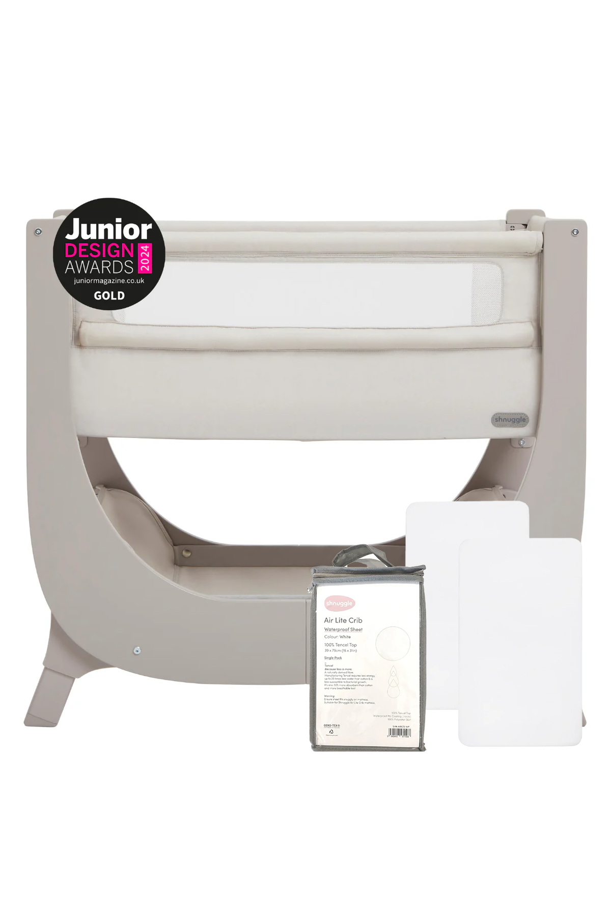 A Shnuggle Air Lite bedside crib in a soft beige color, accompanied by a waterproof sheet and two fitted sheets.