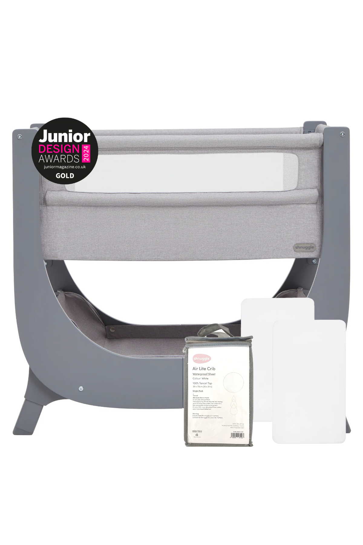 A gray Shnuggle Air Lite bedside bassinet features a breathable mattress and waterproof sheets, ideal for newborns.