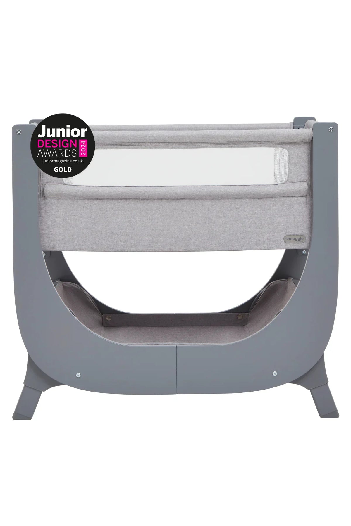 The Shnuggle Air Lite Bedside Bassinet features a sleek gray design with breathable mesh sides, designed for infants. It is height-adjustable and won a Junior Design Award Gold.