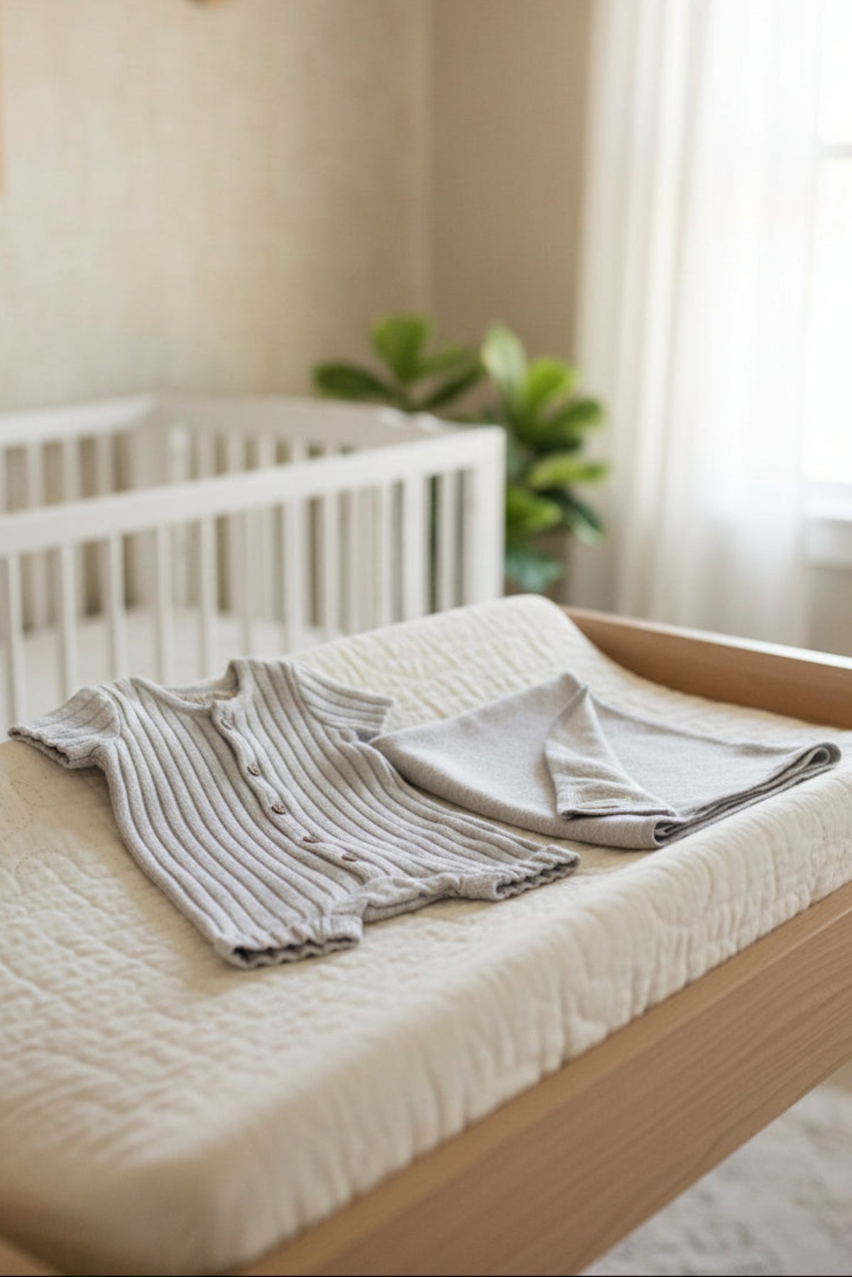 A light grey organic cotton shortie romper and matching jacquard blanket are neatly arranged on a crib mattress, surrounded by soft natural lighting and greenery in a serene nursery setting.