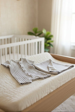 A light grey organic cotton shortie romper and matching jacquard blanket are neatly arranged on a crib mattress, surrounded by soft natural lighting and greenery in a serene nursery setting.