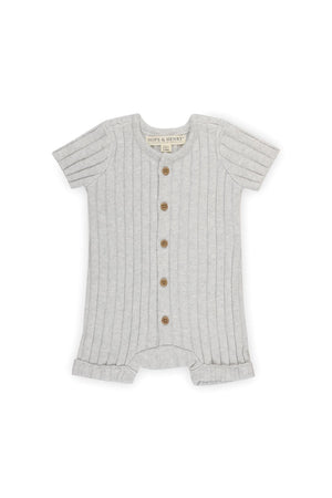 Light grey organic cotton shortie romper from Hope & Henry featuring a button-front closure and textured rib knit design, ideal for newborns. Perfect for everyday comfort and stylish dressing.