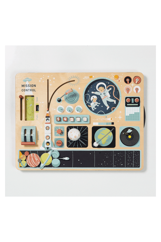 A colorful wooden space station playset features illustrated activity panels, including astronauts, rockets, and planets, designed for imaginative play. Perfect for eco-conscious families, it encourages creativity in children.