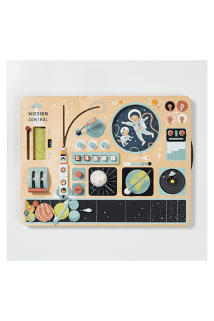 A colorful wooden space station playset features illustrated activity panels, including astronauts, rockets, and planets, designed for imaginative play. Perfect for eco-conscious families, it encourages creativity in children.