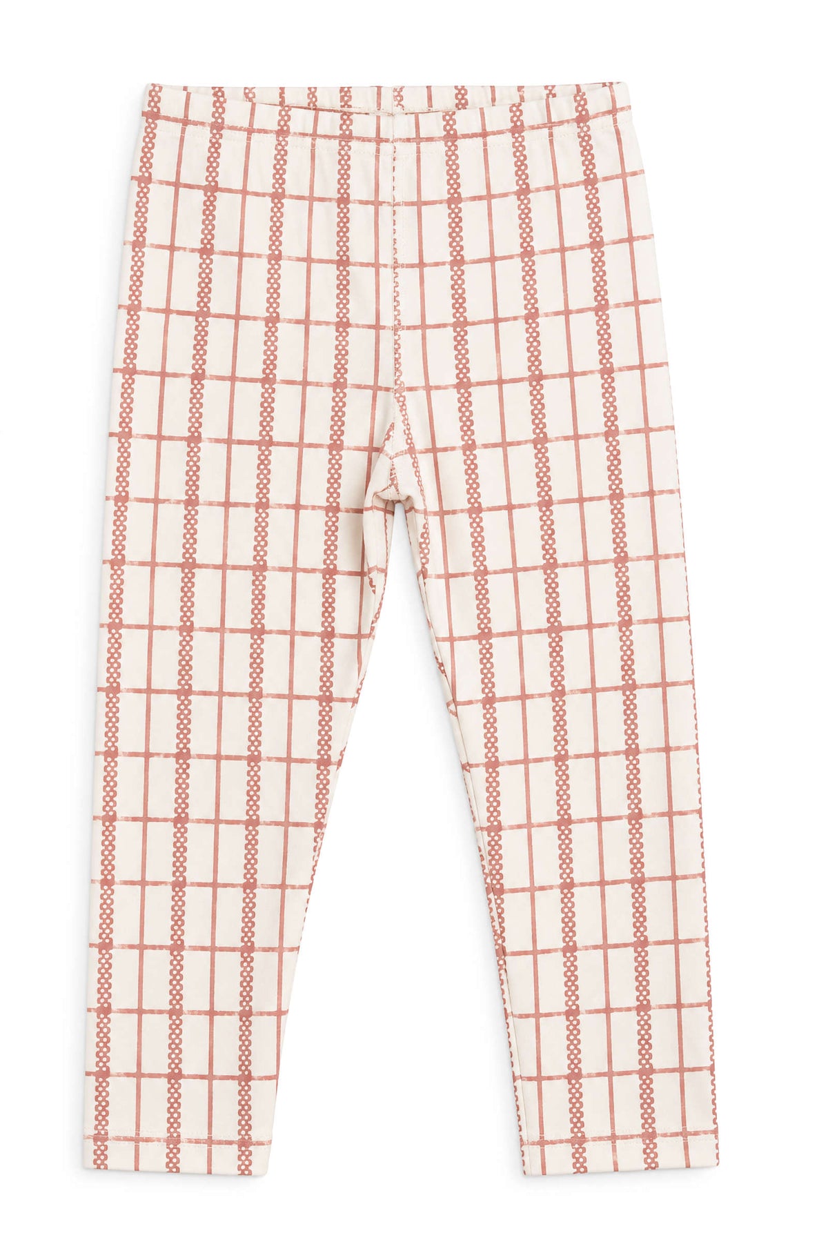 Mauve check printed cotton leggings feature a soft, breathable fabric blend of 95% cotton and 5% spandex, designed for toddlers and kids, perfect for everyday play and comfort.