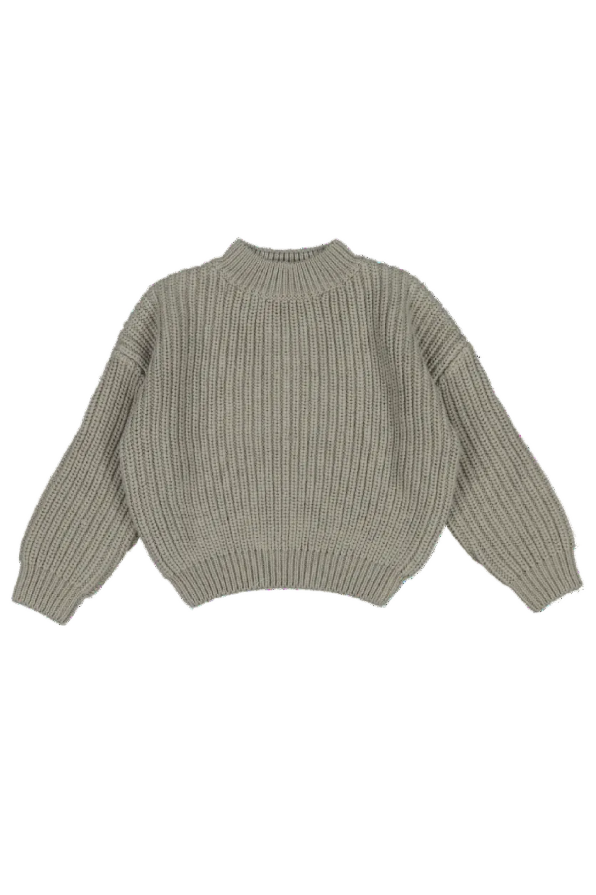 A sage green chunky knit cotton sweater features a relaxed fit and ribbed texture, ideal for cool weather. The cozy design is perfect for babies and kids.
