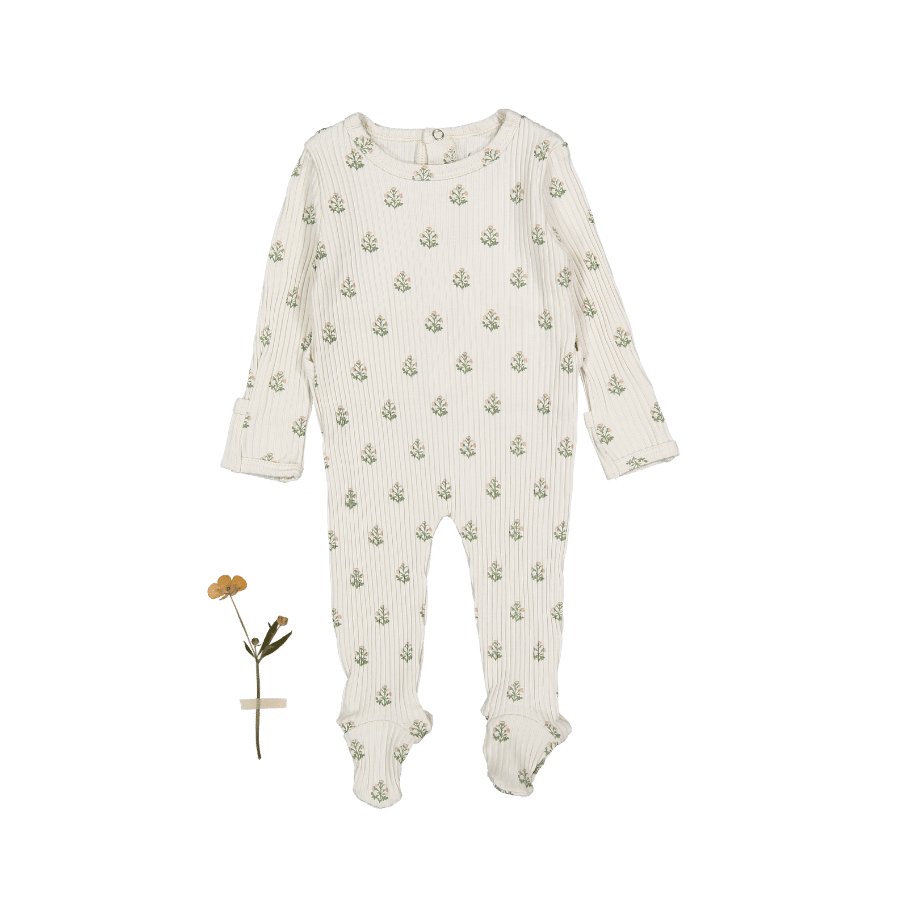 Lightly striped romper in soft cotton, featuring a floral print and mitten cuffs for infants, perfect for comfort and easy changing. Ideal for ages 0-3 months.