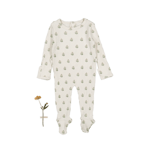 Lightly striped romper in soft cotton, featuring a floral print and mitten cuffs for infants, perfect for comfort and easy changing. Ideal for ages 0-3 months.