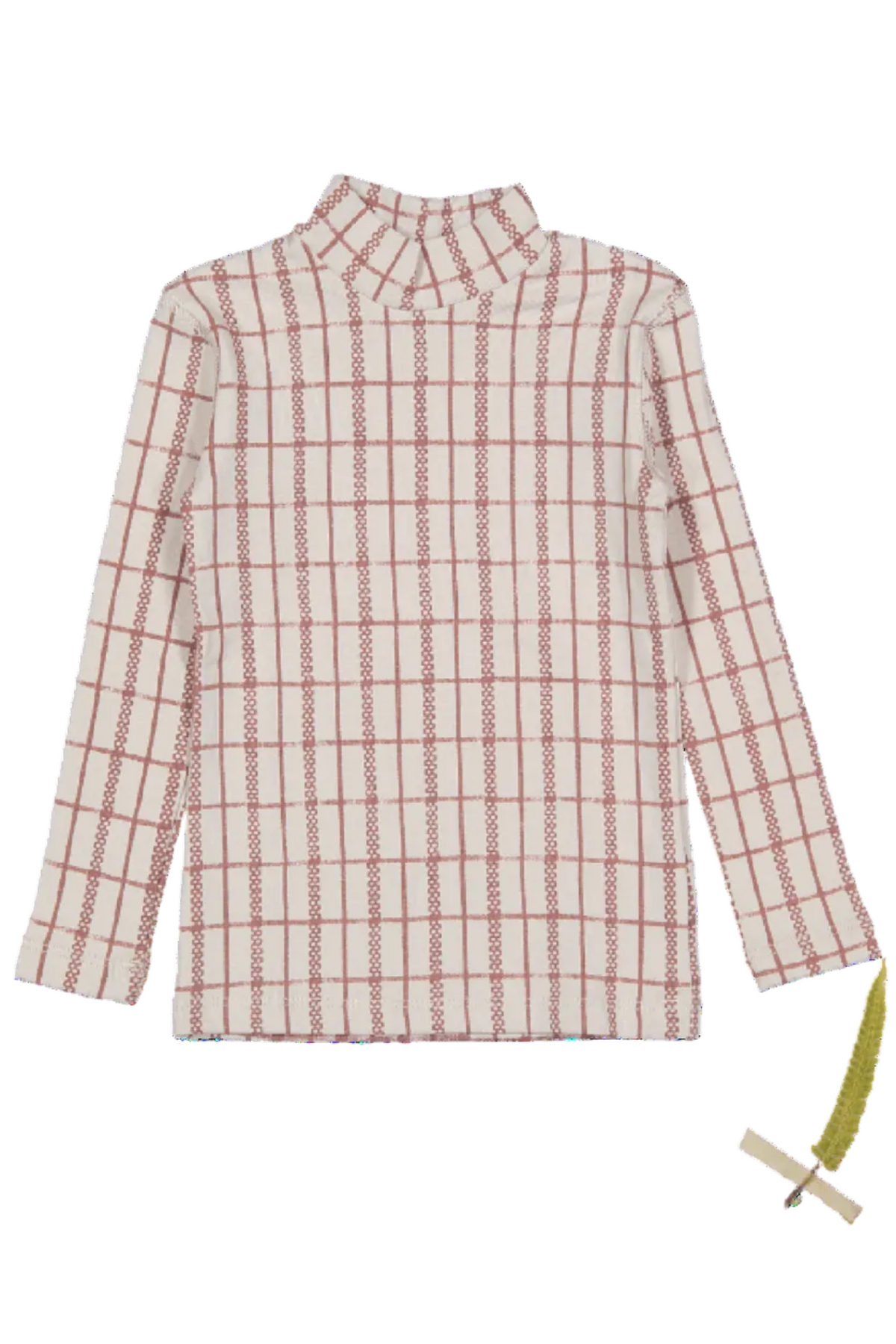 Mauve check printed cotton turtleneck for kids featuring a cozy, lightweight design. Ideal for playful days, it combines comfort with a charming pattern and sustainable materials.