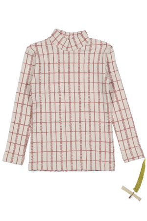 Mauve check printed cotton turtleneck for kids featuring a cozy, lightweight design. Ideal for playful days, it combines comfort with a charming pattern and sustainable materials.