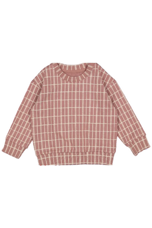 Mauve check printed cotton sweatshirt featuring a cozy, relaxed fit with long sleeves. Made from 95% cotton and 5% spandex, its perfect for toddlers and kids.
