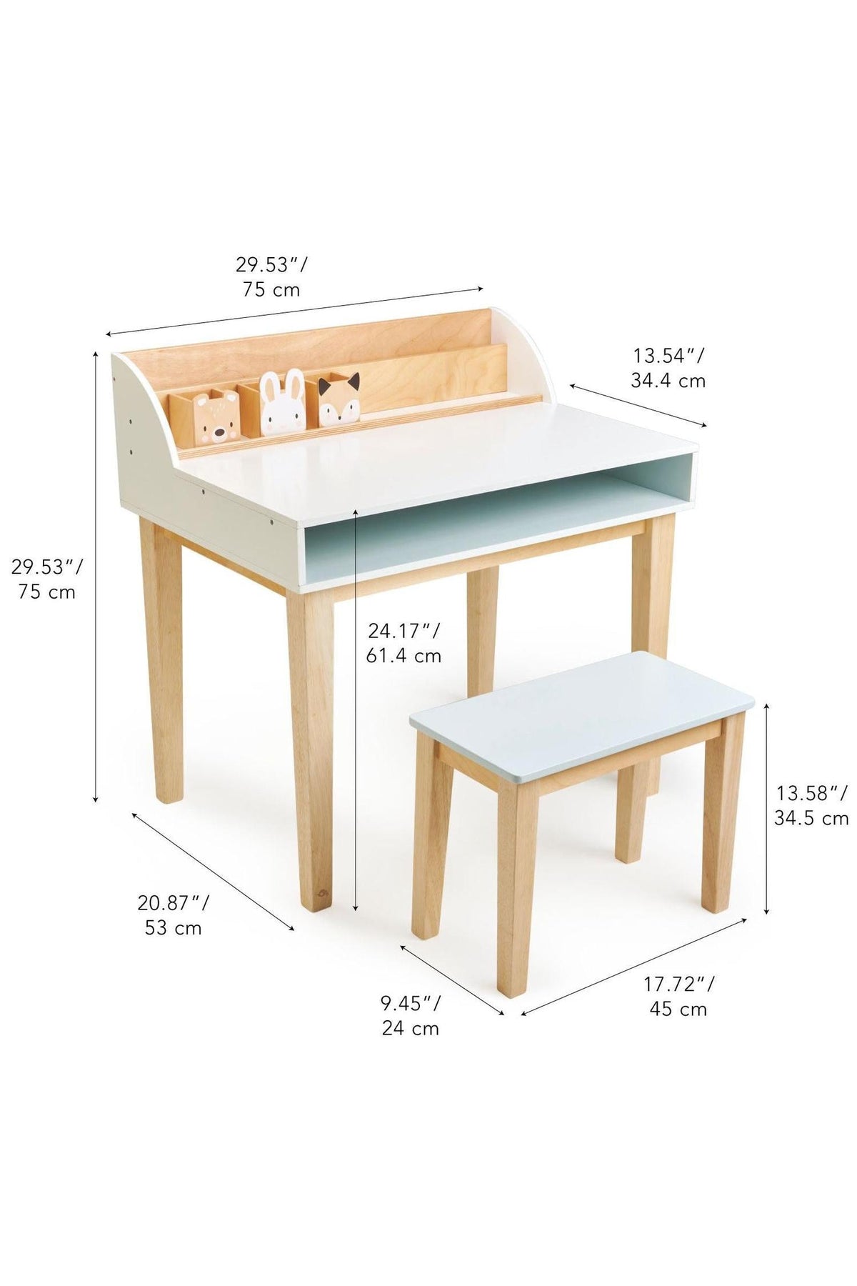A wooden desk and chair set features a light blue and white design, with a storage compartment and three animal-themed pen pots. Ideal for toddlers aged 3 and up.