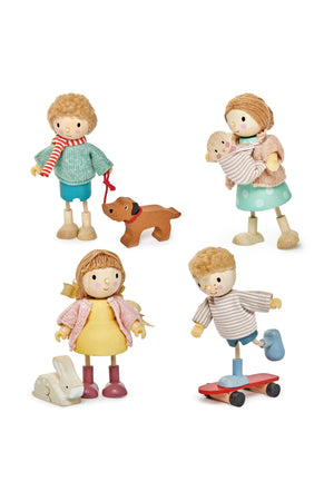 A colorful set of four wooden dolls featuring bendable limbs, accompanied by a wooden dog and accessories, ideal for imaginative.