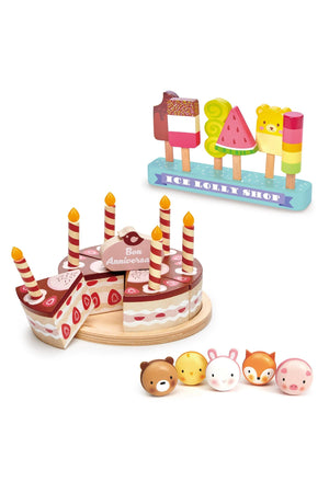 Colorful wooden ice lollies and a decorative shop sign, made from sustainable rubberwood, ideal for imaginative play.