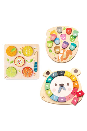 Brightly colored wooden toy set featuring citrus fruit pieces, a playful squirrel design, and a bear-shaped number puzzle. Ideal for teaching fractions and numbers to young children.