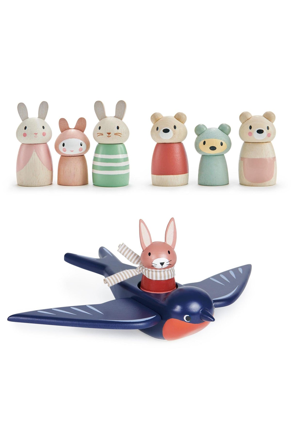 Wooden toy figures from Tender Leafs Merrywood Friends Collection feature colorful bunnies and bears, enhancing imaginative play for children.