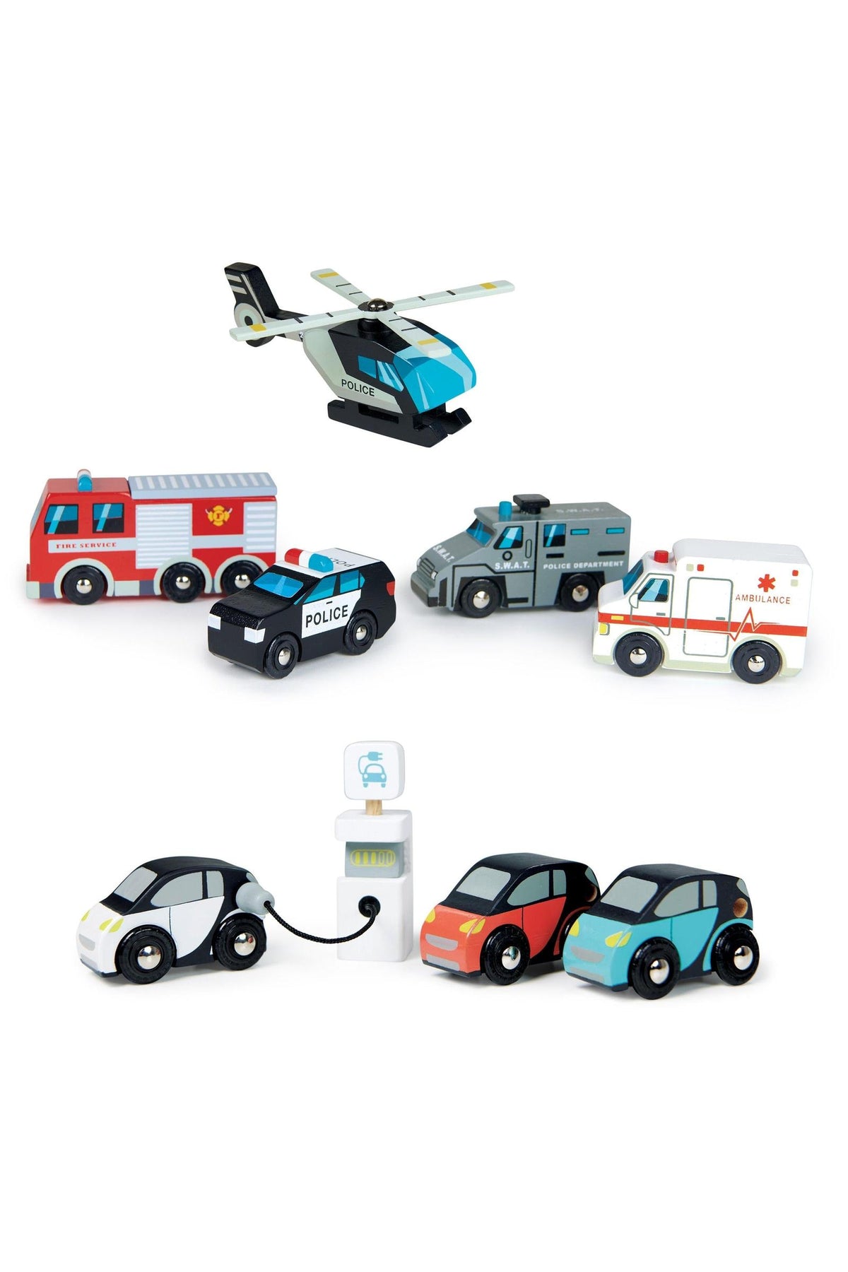 A colorful wooden toy set featuring a police helicopter, fire engine, ambulance, and electric smart cars with a charging station. Ideal for imaginative play, promoting sustainable materials and quality craftsmanship.