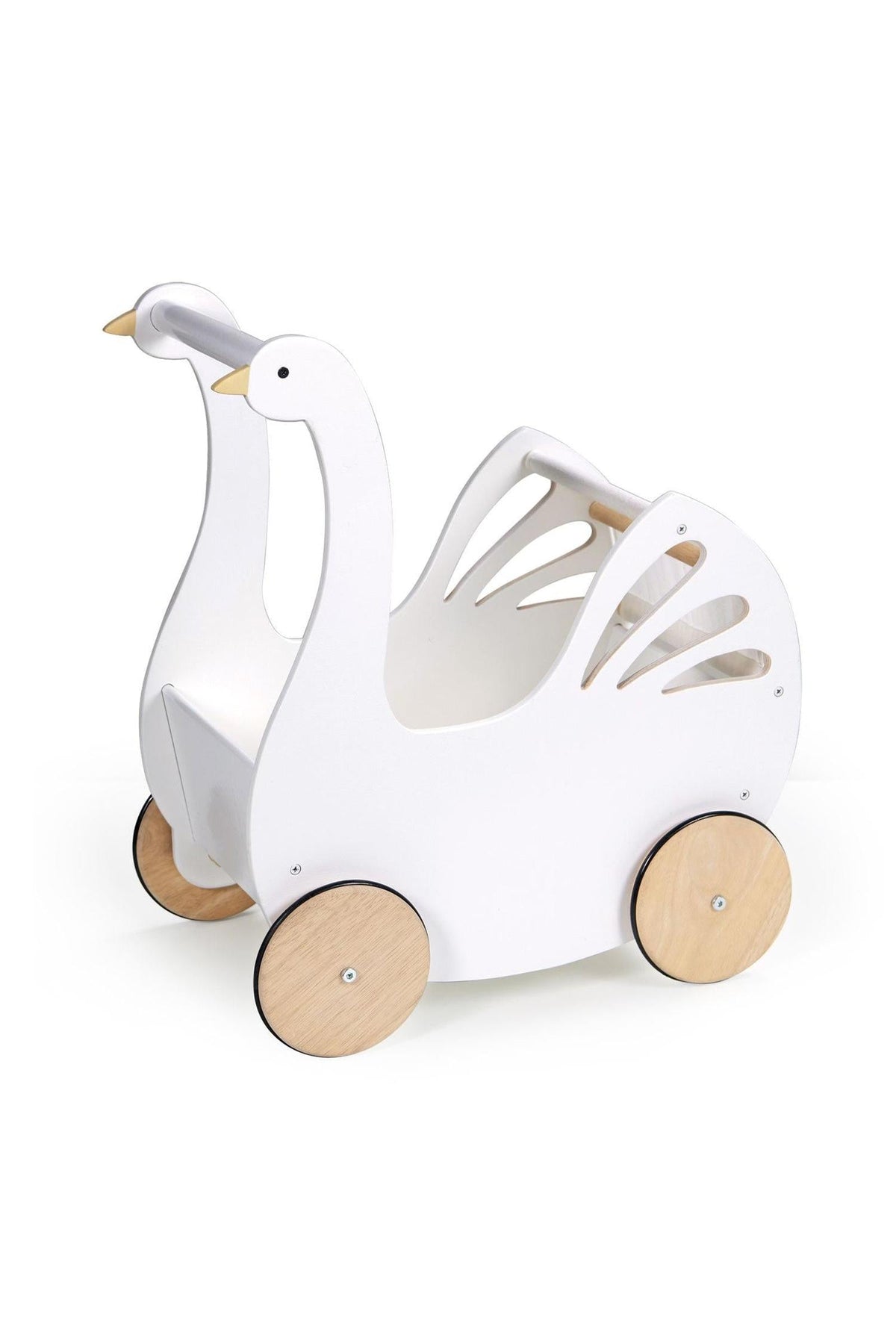 A white wooden baby carriage shaped like a swan features elegant cutout details and smooth natural wheels. Ideal for imaginative play, it complements eco-friendly childrens toys beautifully.