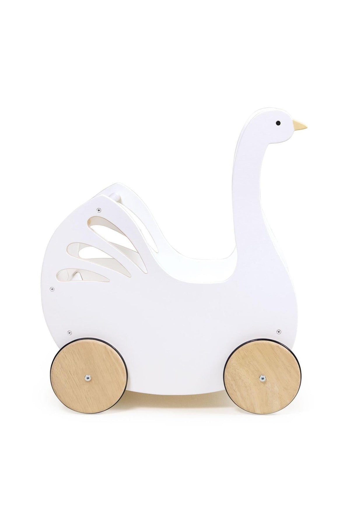 A white wooden baby carriage shaped like a swan, featuring cutout wing details and smooth natural wooden wheels. Ideal for imaginative play, it combines elegance with sustainable design.