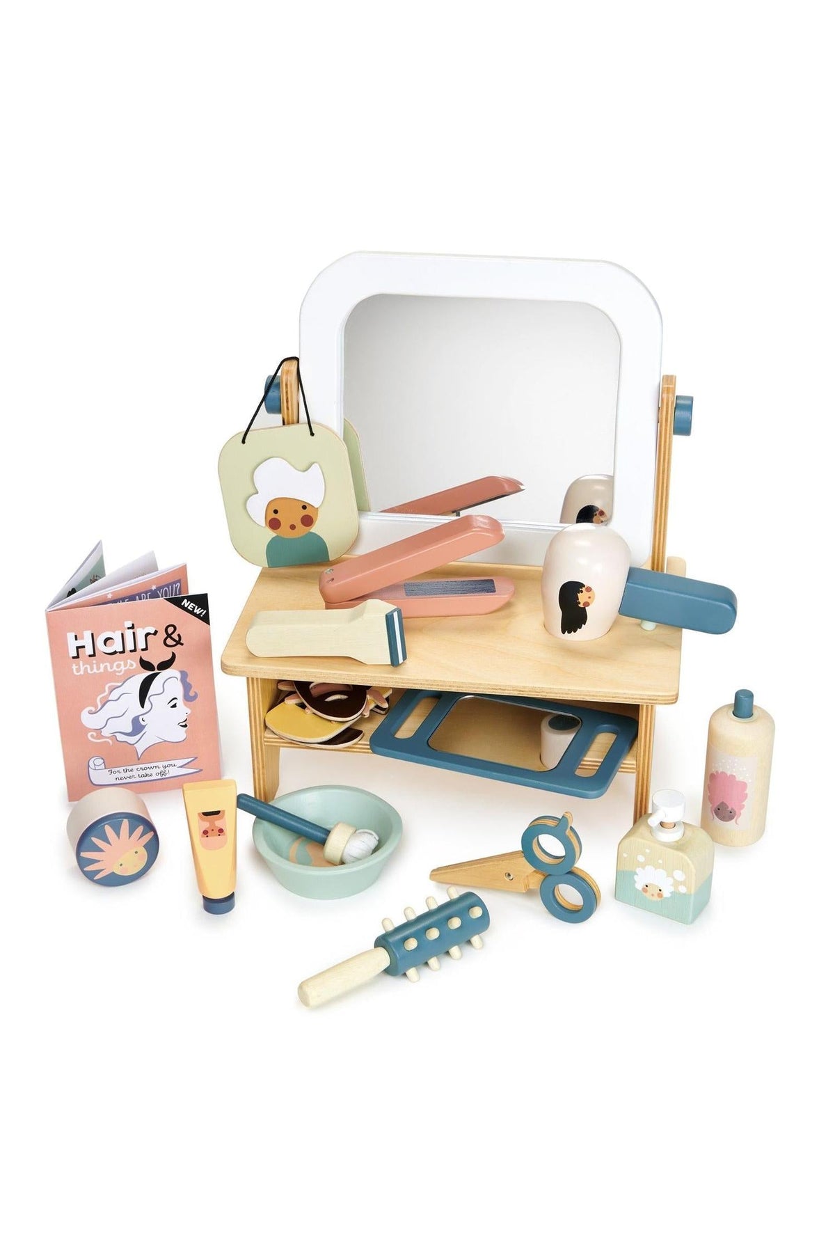 A colorful wooden hair salon set by Tender Leaf Toys features a tabletop mirror, styling tools, and hair care products, made from sustainable materials for imaginative play.