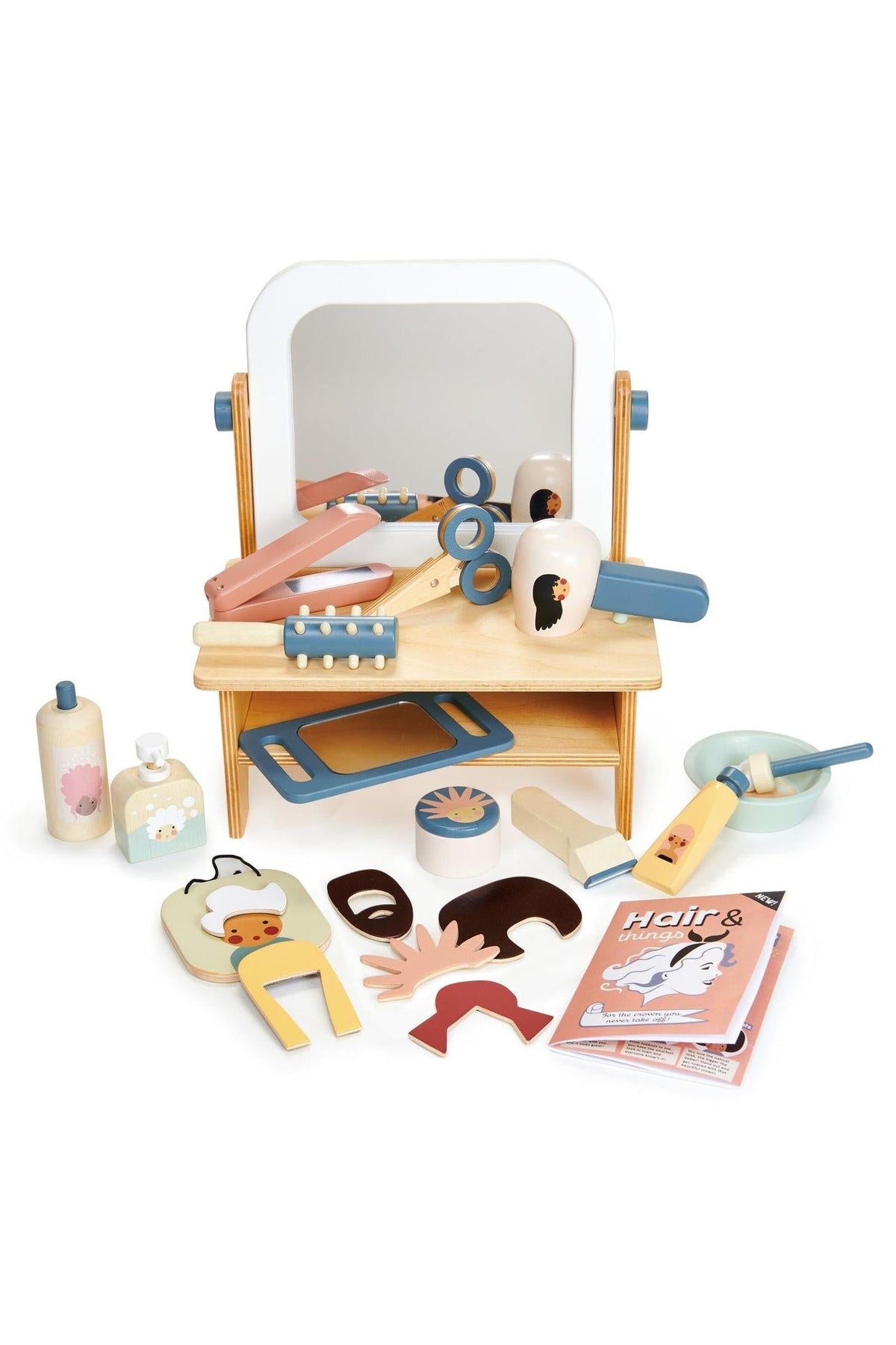 A colorful wooden hair salon playset features a tabletop mirror, various styling tools, and accessories. Crafted from sustainable materials, its designed for imaginative play and suitable for young children.