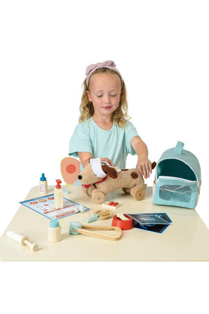 A young girl plays with a plush dog on a table, surrounded by wooden veterinary tools, a soft carry case, and a patient record card, all designed for imaginative play.