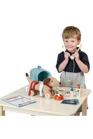 A young child holds a stethoscope while examining a plush dog on a table. The set includes wooden veterinary tools and a soft carry case.