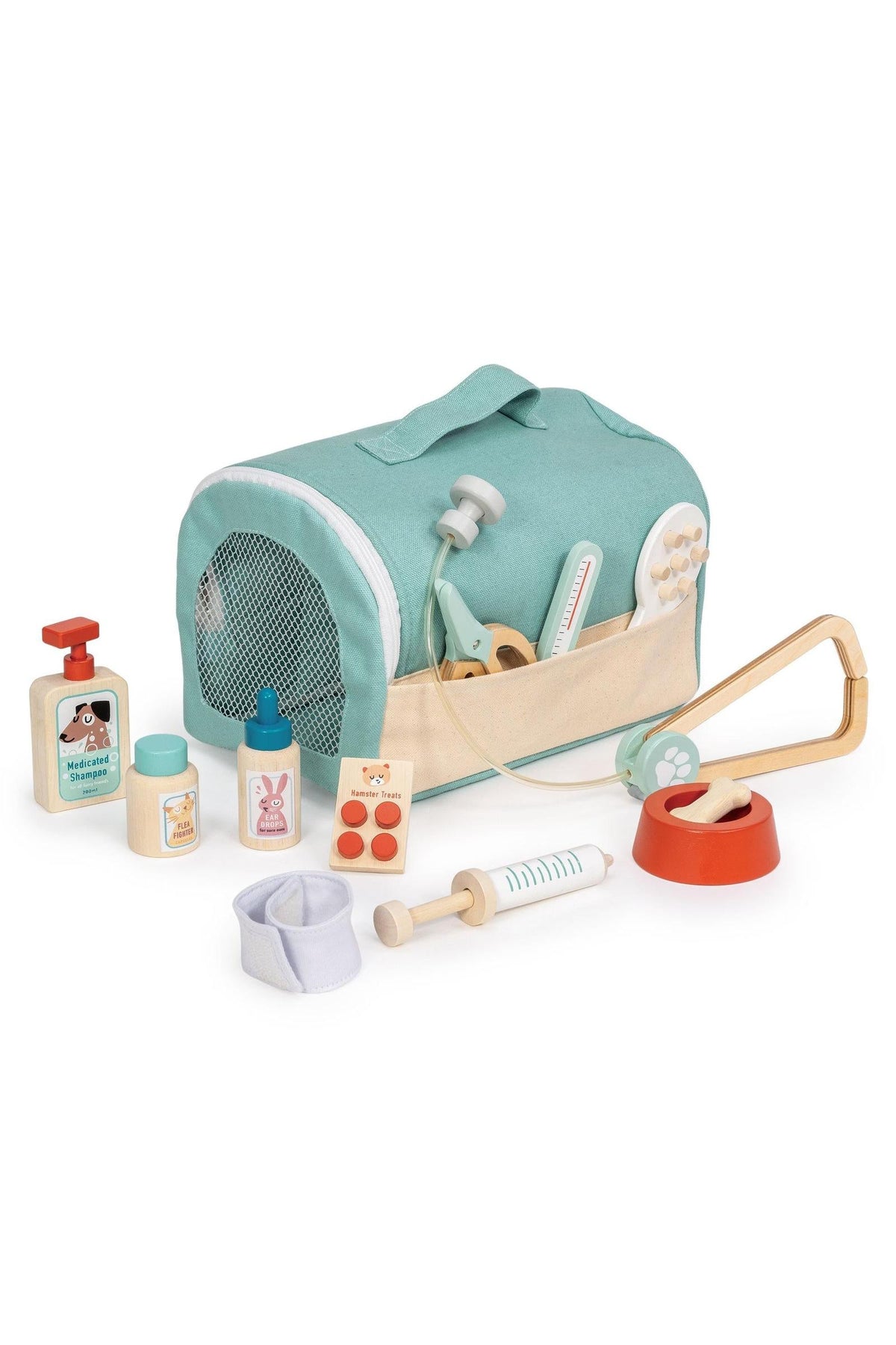 A teal soft carry case contains various wooden veterinary tools, including a stethoscope, thermometer, and syringe, designed for young animal lovers to engage in imaginative play as veterinarians.