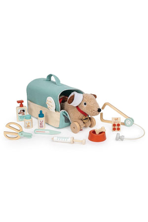 A soft teal carry case opens to reveal a plush dog and various wooden veterinary tools, including a stethoscope, syringe, and bottles, promoting imaginative play for young animal lovers.