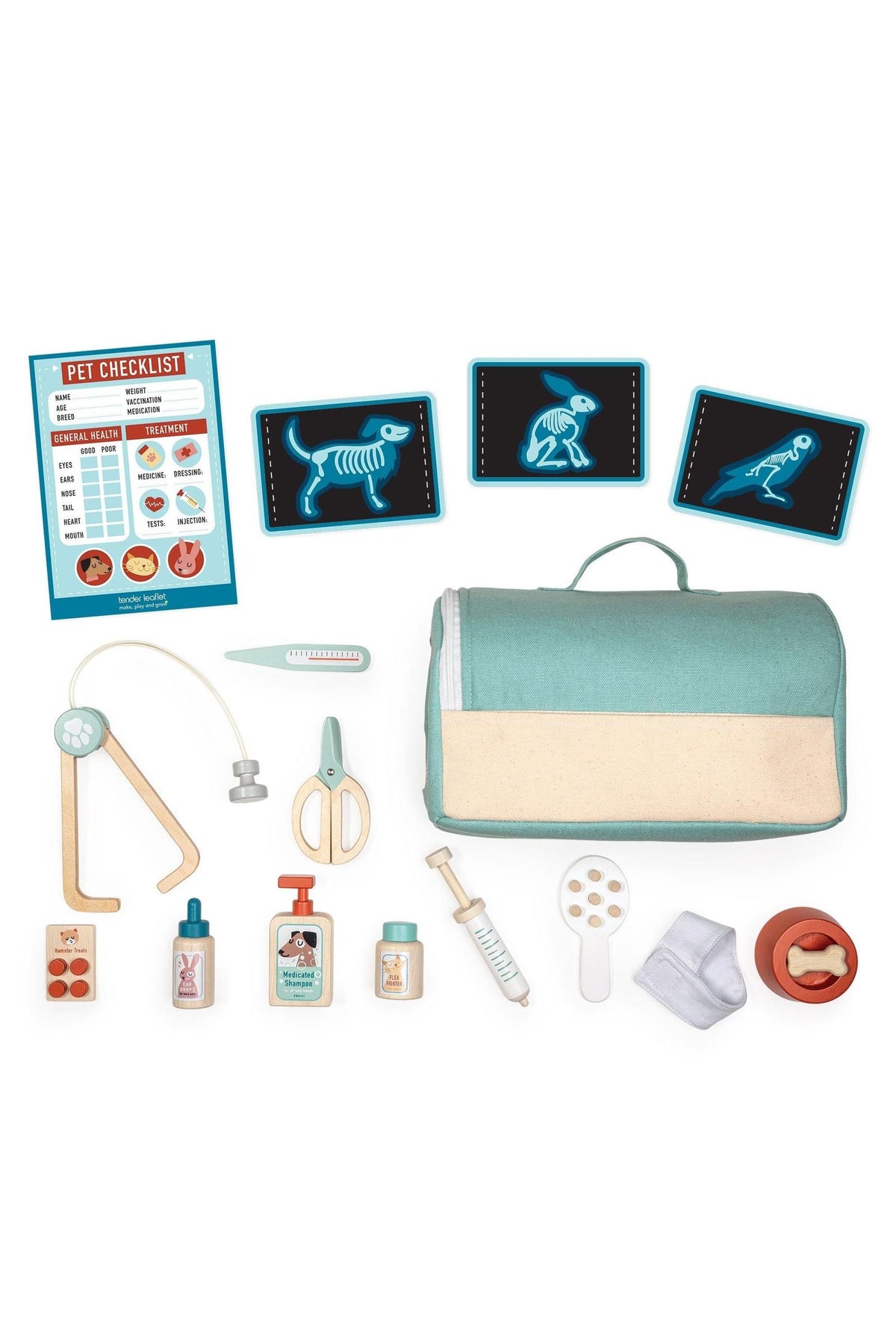 A soft carry case in mint green holds various wooden veterinary tools, including a stethoscope, syringe, and pet care items, alongside an animal x-ray checklist for imaginative play.