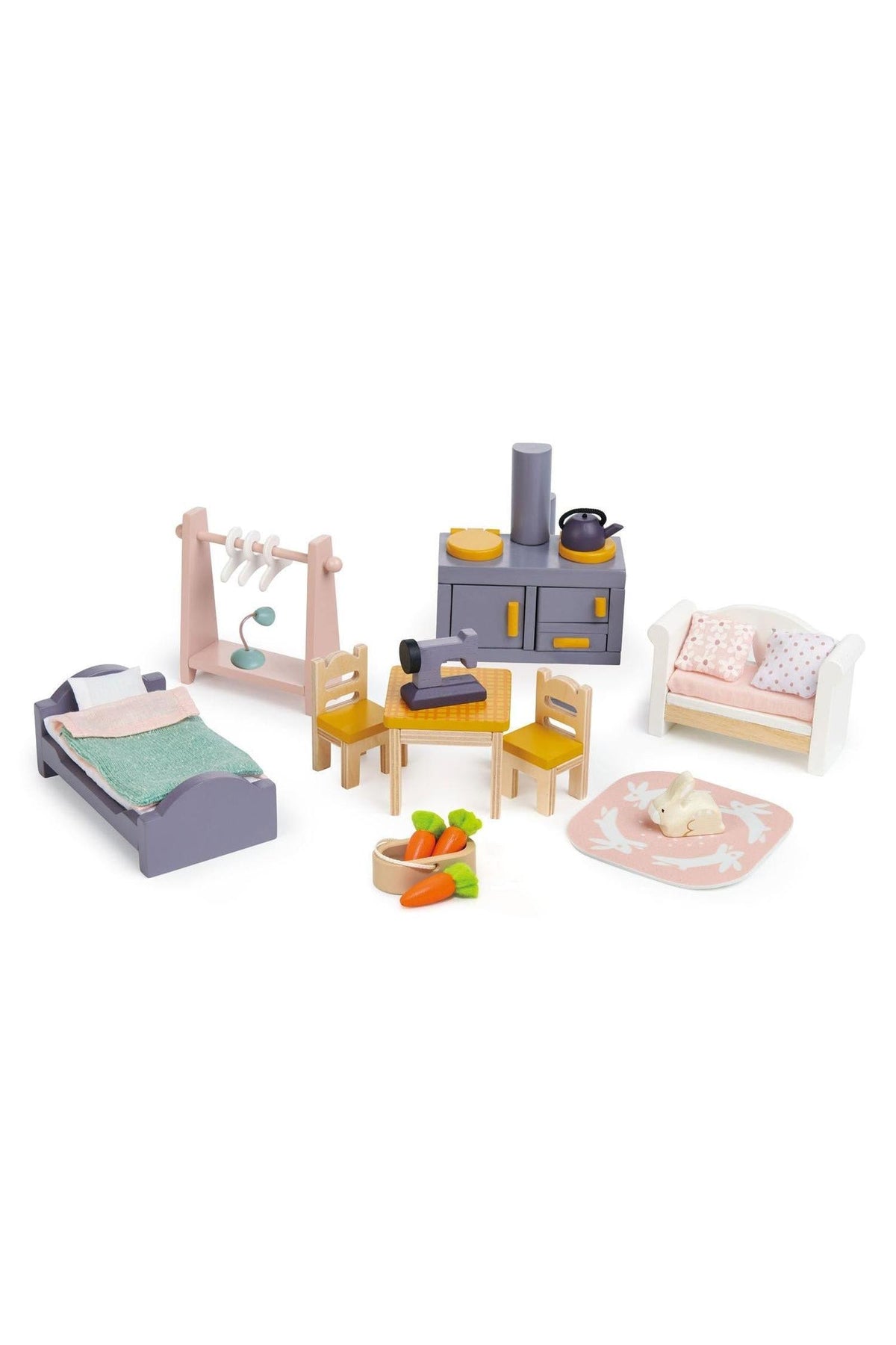 A colorful wooden playset featuring a bed, kitchen, dining table, and accessories, perfect for imaginative play. Suitable for children.