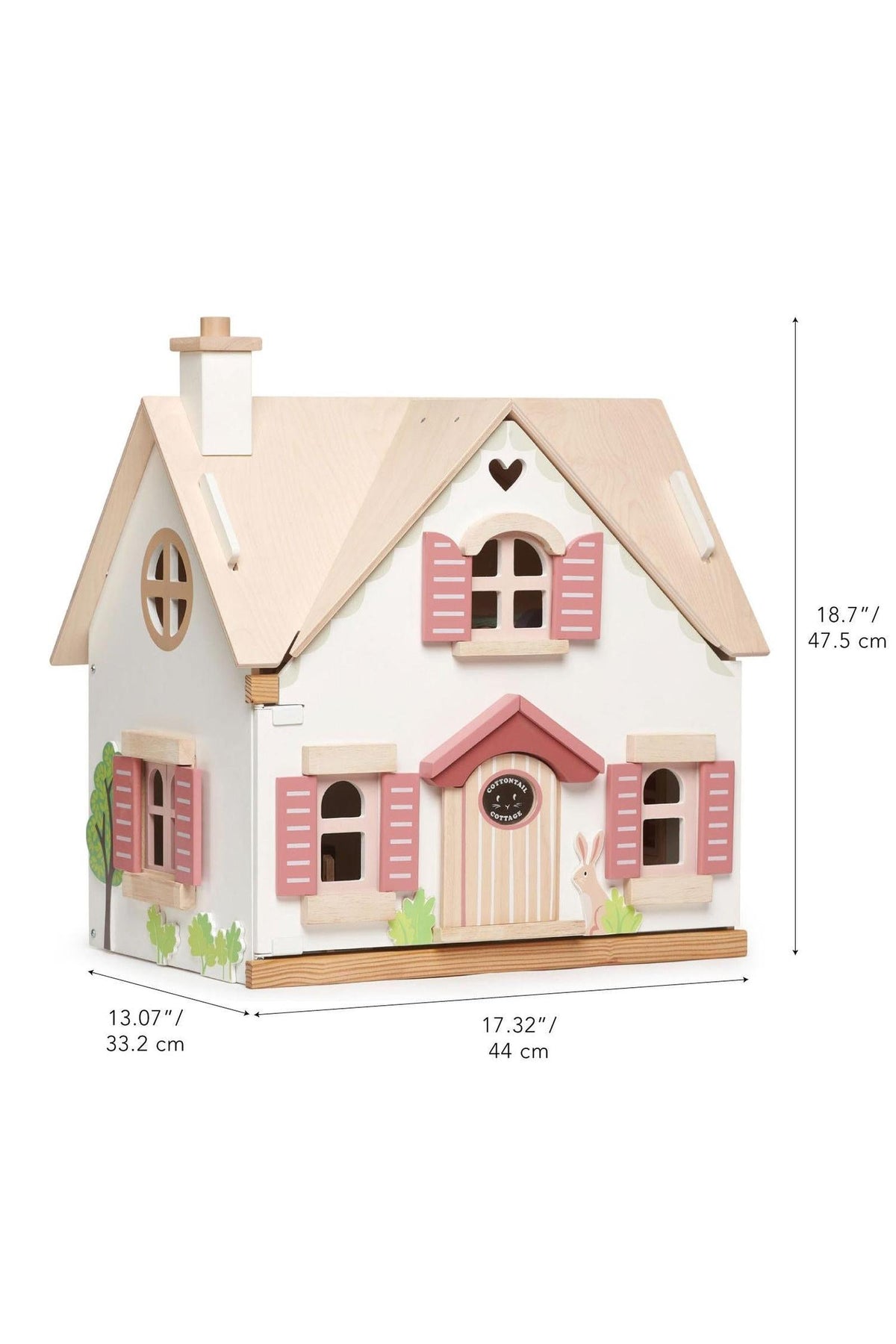 A charming wooden dollhouse with a natural wood roof, pink shutters, and decorative elements, showcasing a cozy cottage design.