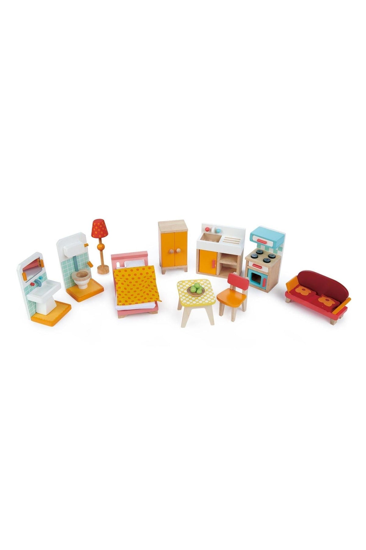 A colorful wooden furniture set featuring a sofa, table, lamp, and kitchen items, designed for dollhouses and childrens play.