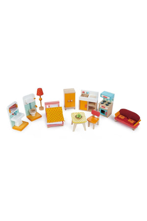 A colorful wooden furniture set featuring a sofa, table, lamp, and kitchen items, designed for dollhouses and childrens play.