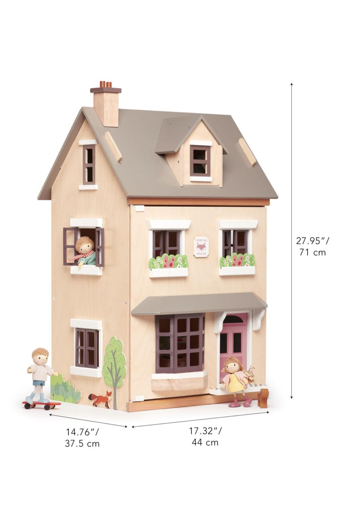 A wooden dollhouse with a light plywood façade, featuring two floors, windows, and playful figurines. Ideal for imaginative play.