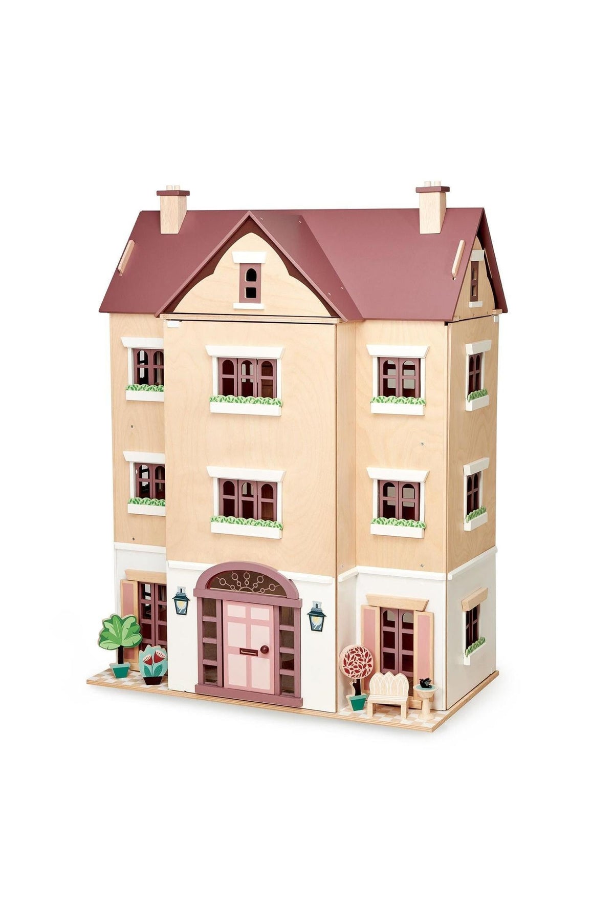 A wooden dollhouse in a traditional style, featuring a pink and beige exterior with detailed windows and a front porch. Ideal for imaginative play, it’s made from sustainable materials.