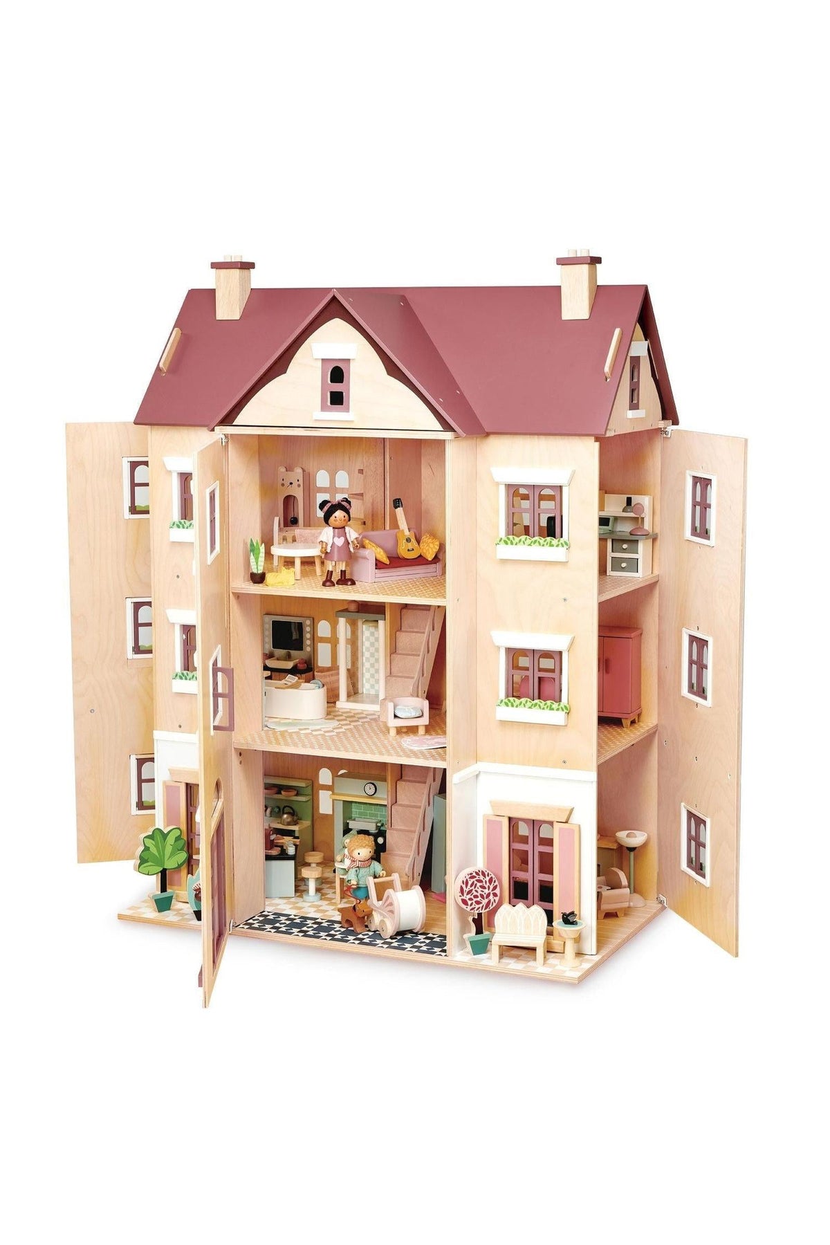 A beautifully crafted wooden dollhouse featuring four levels, a removable roof, and vibrant interior details. Made by Tender Leaf Toys, it offers imaginative play for children aged three and up.