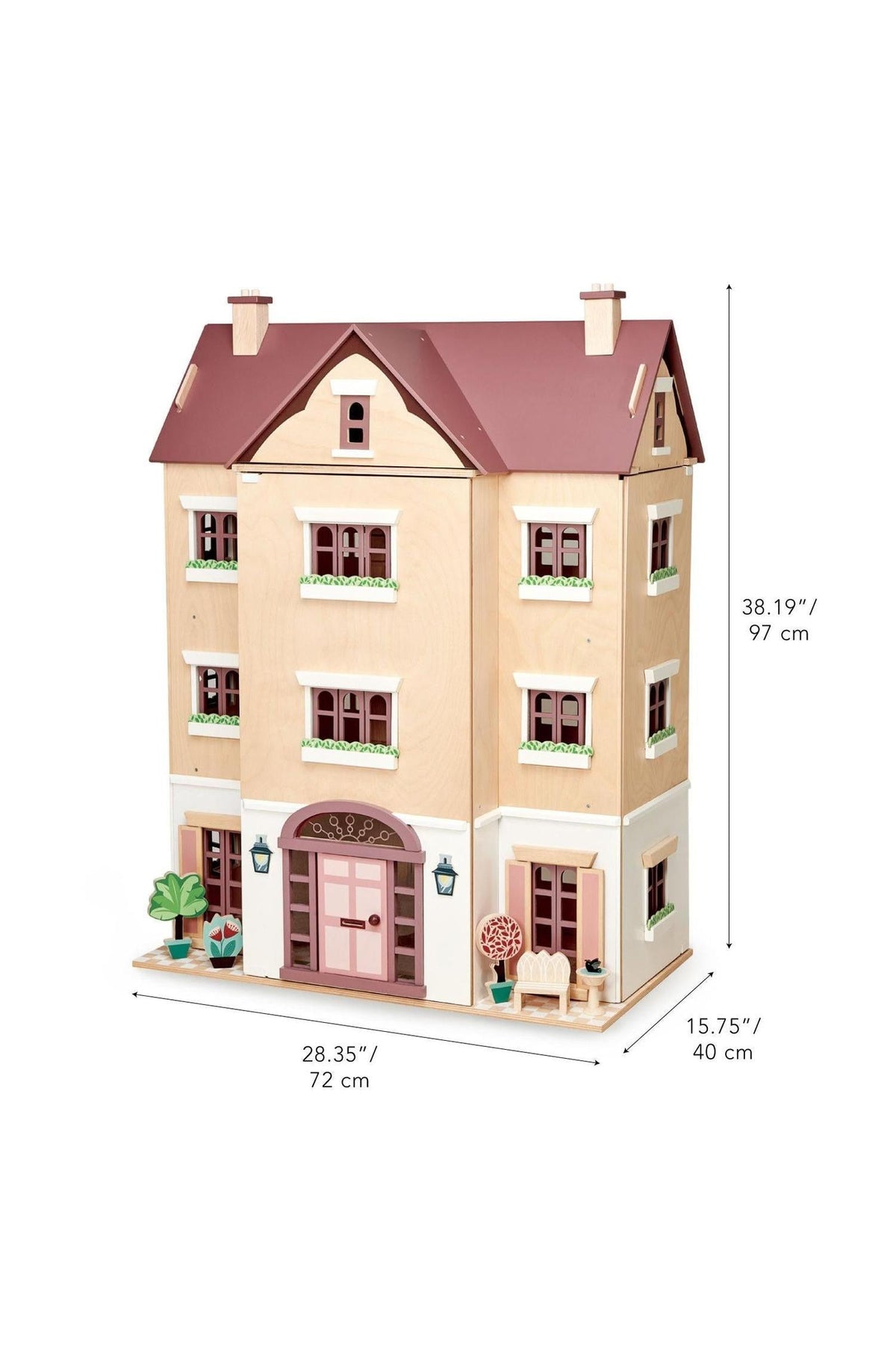 A beautifully crafted wooden dollhouse features four levels with a removable roof, showcasing traditional British architecture. The pastel colors and detailed design make it a charming addition to playtime.