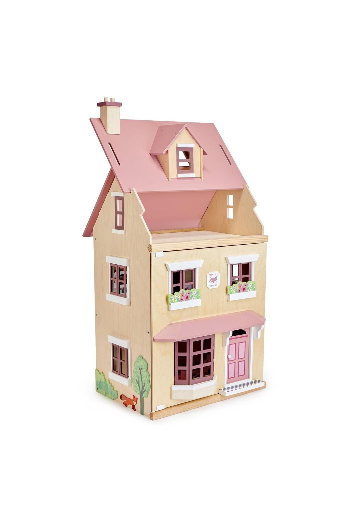 A charming wooden dollhouse with a pink roof, decorative flower boxes, and a fox illustration on the side.