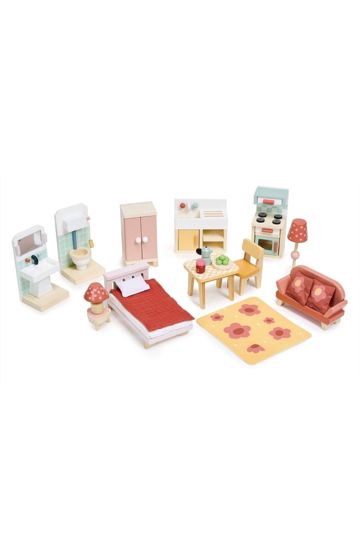 A colorful wooden dollhouse furniture set featuring a bed, sofa, kitchen appliances, and dining table, ideal for imaginative play.